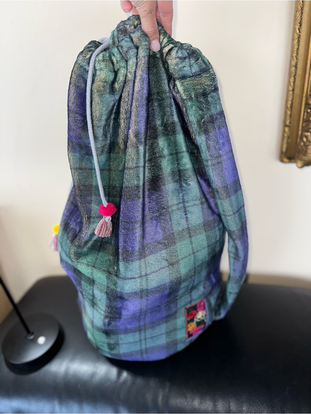 Johnny Was Plaid Velvet Large Drawstring Bucket Shoulder Bag | Boho Luxe - Picture 6 of 8